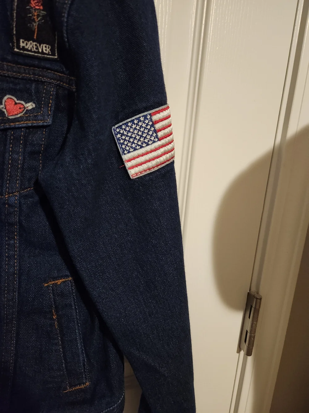 Kendall & Kylie Dark Blue Denim Jacket with Patches and Flag Sleeve